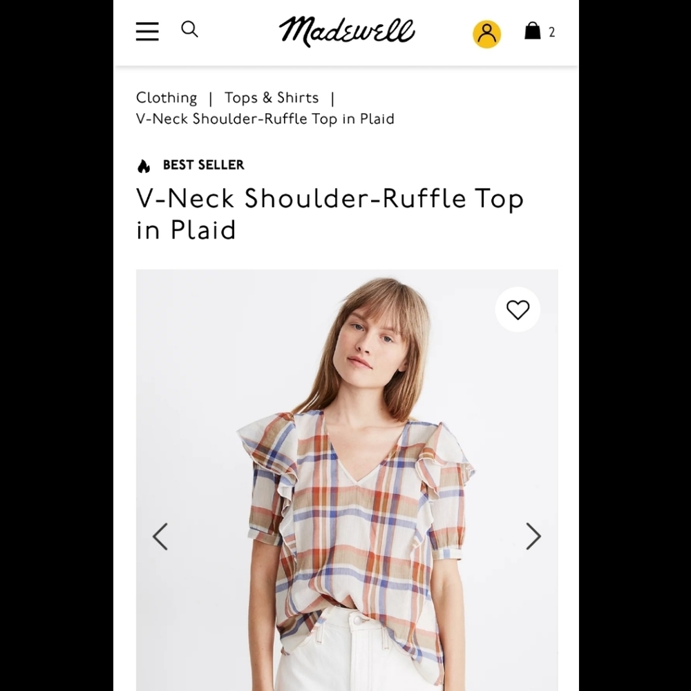Madewell Shoulder Ruffle top plaid NWT